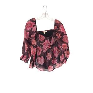 Women's Smocked Blouse Satin Floral Pull Sleeve Dainty Feminine Romantic XL